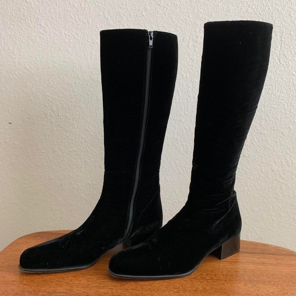 Prada Black Velvet Heeled Knee High Boots